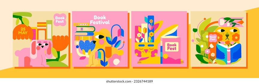 4 templates for the Children's Book Festival.
Cute bunnies who love books. Bright colors and many flowers around the bunnies mean pleasure from the reading process and a blooming imagination.