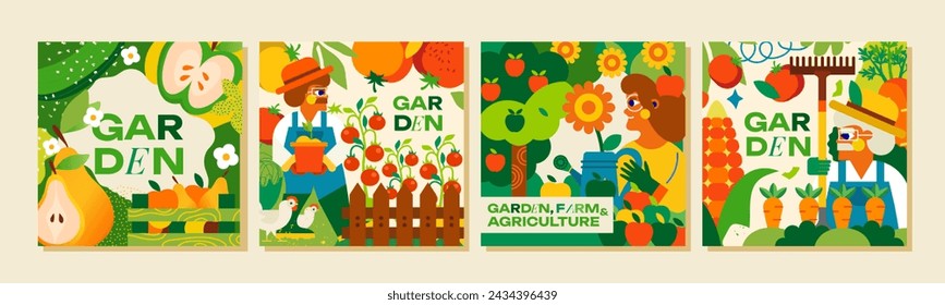 4 Templates. Garden, farm and agriculture. Modern design gardeners, beds, bountiful harvest, vegetables, fruits and chickens. Illustration for advertising, poster, background or postcard