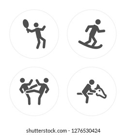 4 Tennis, Wrestling, Snowboard, Equestrian modern icons on round shapes, vector illustration, eps10, trendy icon set.