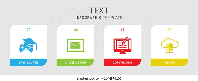 4 text filled icons set isolated on infographic template. Icons set with Open Source, Online library, Copywriting, e-Book icons.