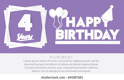 4 th birthday celebration greeting card paper art style design, birthday invitation template with balloon. four anniversary celebrations purple color