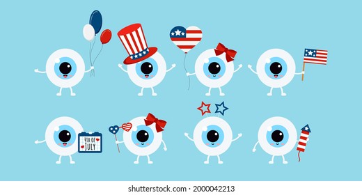 4 th of July eye ball  icon set isolated. Ophthalmology cute eyeball character with waving american flag, ballons, glasses, firework, hat. Flat cartoon vector independence clip art illustration.