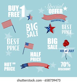4 th of July. Happy independence day Sale Coupon, voucher, tag. Vector Illustration.