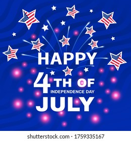 4. Juli - Unabhängigkeitstag der Vereinigten Staaten von Amerika. Frohe Unabhängigkeitstag der USA mit glattem Feuerwerk und Sternen mit US-Flagge. Fest-Banner am 4. Juli. Vektorgrafik