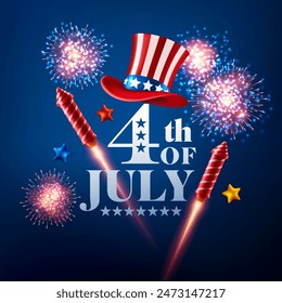 4 th of July Independence Day Celebration Banner with Fireworks,Patriotic Hat, Stars on a Dark Blue Background,Perfect Vector Template Symbolizing American National Holiday and Festivities in the USA