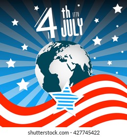 4 th July. Independence Day. American Flag with Earth - Globe on Night Sky Retro Illustration.
