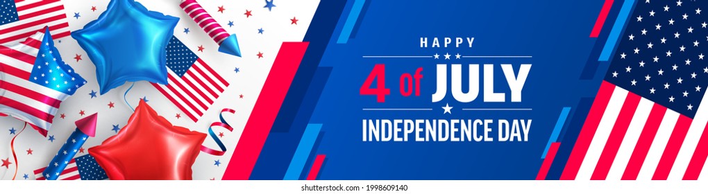 Afiche del 4 de julio. Celebración del Día de la Independencia de Estados Unidos con globo de la Estrella Americana. UU. 4 de julio de promoción de la plantilla de banner publicitario para folletos, afiches o banner.USA 
 Decoración de fiestas.