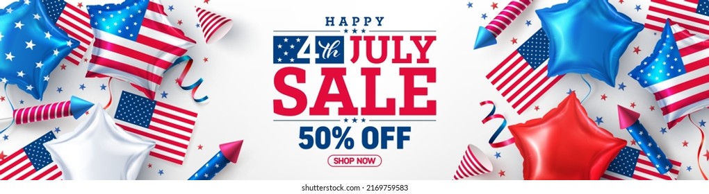 Afiche del 4 de julio. Celebración del Día de la Independencia de Estados Unidos con globo de la Estrella Americana. UU. 4 de julio de promoción de la plantilla de banner publicitario para folletos, afiches o banner.USA 
 Decoración de fiestas.