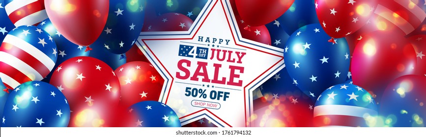 4 th of July Sale poster.USA independence day celebration with many american balloons flag and Bokeh lights.USA 4th of July promotion advertising banner template for Brochures,Poster or Banner