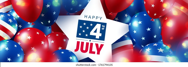 4. Juli Sale-Poster.USA Unabhängigkeitstag Feier mit vielen amerikanischen Ballons Flagge und Bokeh-Lichter.USA 4. Juli Werbebanner-Vorlage für Broschüren, Poster oder Banner