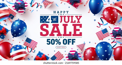 Afiche del 4 de julio de Sale. Celebración del Día de la Independencia de Estados Unidos con bandera de globos estadounidenses y elementos del partido.USA 4 de julio de promoción plantilla de banner publicitario para Brochures, afiche o cartel