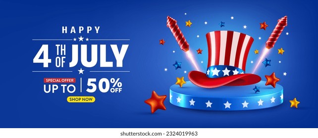 4 th of July Sale poster template.USA independence day celebration with Uncle Sam's American Hat and Firework rockets .4th of July promotion advertising banner template for Brochures,Poster or Banner.