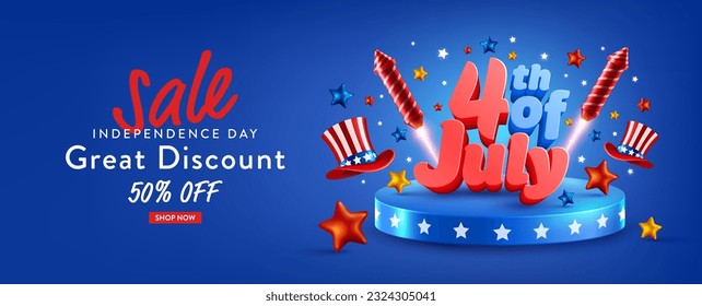 Plantilla de afiche de la venta del 4 de julio. Celebración del Día de la Independencia de EE.UU. con el sombrero americano y cohetes de fuegos artificiales del tío Sam. 4 de julio de promoción plantilla de pancarta para folletos, afiches o pancartas