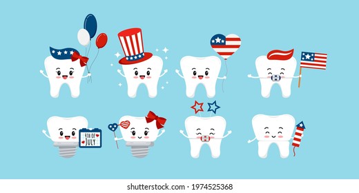 4 th of July teeth dental icon set isolated. Dentist cute tooth implant, in braces, crown character with waving american flag, ballons, glasses. Flat cartoon vector independence clip art illustration.