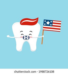 4 de julio diente en llaves de icono dental aislado. Dentista lindo diente entre corchetes con bandera estadounidense ondeando. Ilustración de dibujos animados planos de la independencia del vector.