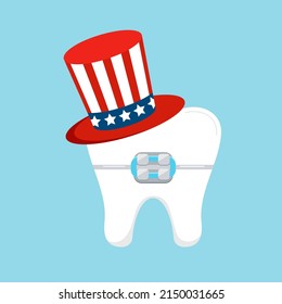 4 de julio diente en llaves de icono dental aislado. Carácter dentista lindo kawaii en sombrero Tío Sam. Diseño plano estilo caricatura vectorial de la independencia de EE.UU. día ilustración dental.