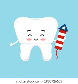 4 de julio ícono dental de corona dental aislado. Personaje de la corona dentaria lindo con fuegos artificiales. Dibujo gráfico del vector de caricatura plana de la independencia de EE. UU.