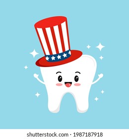 4 de julio ícono dental dental aislado. El personaje de un diente tierno del tío Sam. Dibujo plano estilo caricatura de independencia vectorial día ilustración dental.