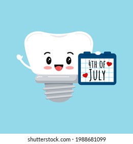 4 de julio implante dental dental aislado. Odontología ortodoncista implante de dientes lindo con calendario. Independencia de los vectores de caricatura plana e ilustración de un video conmemorativo.