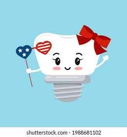 4 th of July tooth dental implant isolated. Orthodontist dentistry cute tooth implant character with american color glasses. Flat cartoon vector american independence clip art illustration.