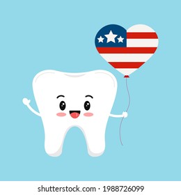 4 th of July tooth dental icon isolated. Dentist cute tooth character with american flag balloon in hand. Flat cartoon vector usa independence clip art illustration.