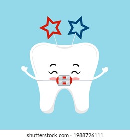 4 de julio ícono dental dental aislado. Dentista lindo diente en cordones con la cabeza de banda con estrellas rojas y azules. El vector de caricatura plano usa independencia ilustración de clip.