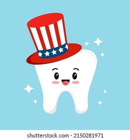 4 de julio icono aislado del día de la independencia dental dental del diente. El personaje de un diente tierno del tío Sam. Diseño plano de dibujos animados estilo vectorial ilustración odontológica.