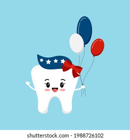 4 th of July tooth girl dental icon isolated. Dentist cute tooth character with american flag color balloons in hand. Flat cartoon vector usa independence clip art illustration.