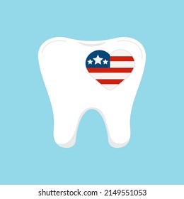 4 th of July tooth with heart flag dental icon isolated. Dentist teeth with USA patriotic heart in american color flag. Flat design cartoon style vector independence day dental illustration.