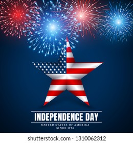 4 th july usa star, independence day. Fireworks. Festival colorful firework. Vector llustration on blue background.