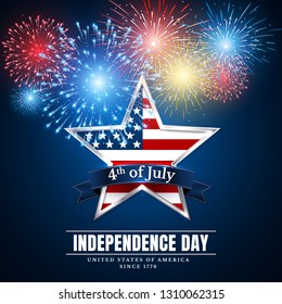 4 th july usa star, independence day. Fireworks. Festival colorful firework. Vector llustration on blue background.