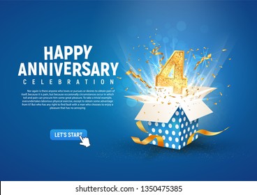 4 th year anniversary banner with open burst gift box. Template fourth birthday celebration and abstract text on blue background vector illustration