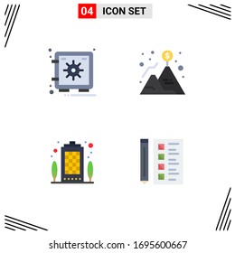 4 Flat-Symbole der thematischen Vektorillustration und redaktionelle Symbole der Schließfächer; Wohnung; Gewölbe; Berg; Vektorillustration-Design-Elemente des Hauses