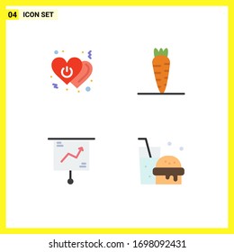 4 Thematic Vector Flat Icons and Editable Symbols of heart; chart; power; food; marketing Editable Vector Design Elements