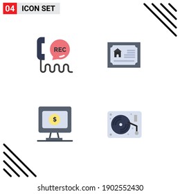 4 thematische Vektorflachsymbole und Bearbeitbare Rufzeichen; überwachen; Kontakt; Wohnsitz; online bearbeitete Vektordesign-Elemente
