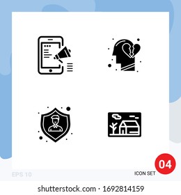 4 Thematic Vector Solid Glyphs and Editable Symbols of advertisement; insurance; mobile; feeling; shield Editable Vector Design Elements
