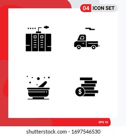 4 Thematic Vector Solid Glyphs and Editable Symbols of electricity; kitchen; generator; transport; pestle Editable Vector Design Elements