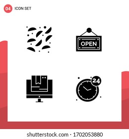 4 Thematic Vector Solid Glyphs and Editable Symbols of food; shop; open; commerce; clock Editable Vector Design Elements