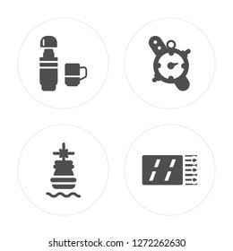 4 Thermo, Fishing, Compass, Matches modern icons on round shapes, vector illustration, eps10, trendy icon set.