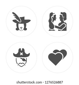 4 Three musketeers, Long john silver, Romeo and juliet, Love modern icons on round shapes, vector illustration, eps10, trendy icon set.