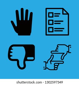 4 thumb icons with exam with three questions and hands framing in this set