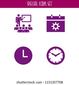 4 time icons in vector set. school, calendar, clock and wall clock illustration for web and graphic design