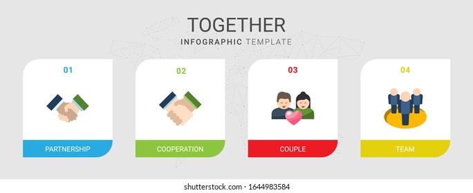 4 together flat icons set isolated on infographic template. Icons set with Partnership, cooperation, couple, team icons.