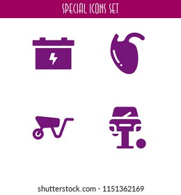 4 tool icons in vector set. biology, construction and tools, battery and wheelbarrow illustration for web and graphic design