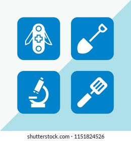 4 tool icons in vector set. microscope, spatula, shovel and equipment illustration for web and graphic design