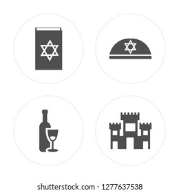 4 Torah Book, Hebrew Wine, Kippah, Solomon Temple In Jerusalem modern icons on round shapes, vector illustration, eps10, trendy icon set.