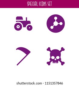 4 toxic icons in vector set. pesticide, human skull with crossed bones silhouette, tractor and agriculture illustration for web and graphic design