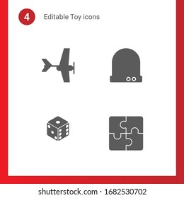 4 toy filled icons set isolated on . Icons set with Aeromodeling, Future technology, dice, Puzzle icons.