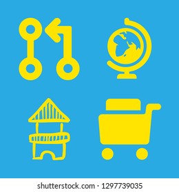 4 toy icons with earth globe with maps and connection of circles line and arrow in this set