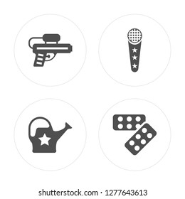 4 Toy, Watering can Microphone toy modern icons on round shapes, vector illustration, eps10, trendy icon set.